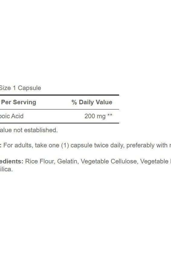 Supplement facts for Puritan's Pride Alpha Lipoic Acid 200 mg capsules, including serving size and ingredients.