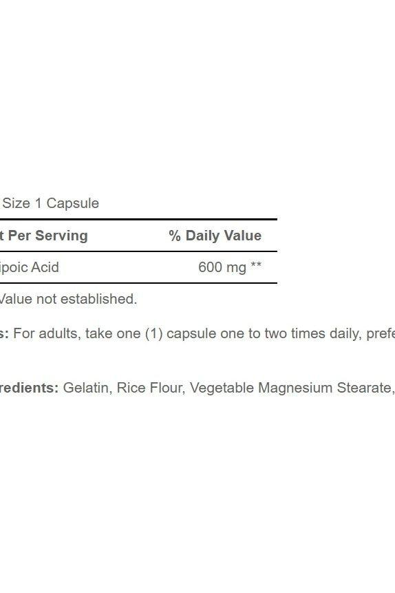 Supplement facts for Puritan's Pride Alpha Lipoic Acid 600 mg, including serving size and ingredients.