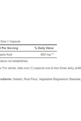 Supplement facts for Puritan's Pride Alpha Lipoic Acid 600 mg, including serving size and ingredients.