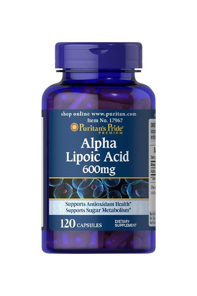 Puritan's Pride Alpha Lipoic Acid 600 mg supplement bottle, supports antioxidant health and sugar metabolism, 120 capsules.