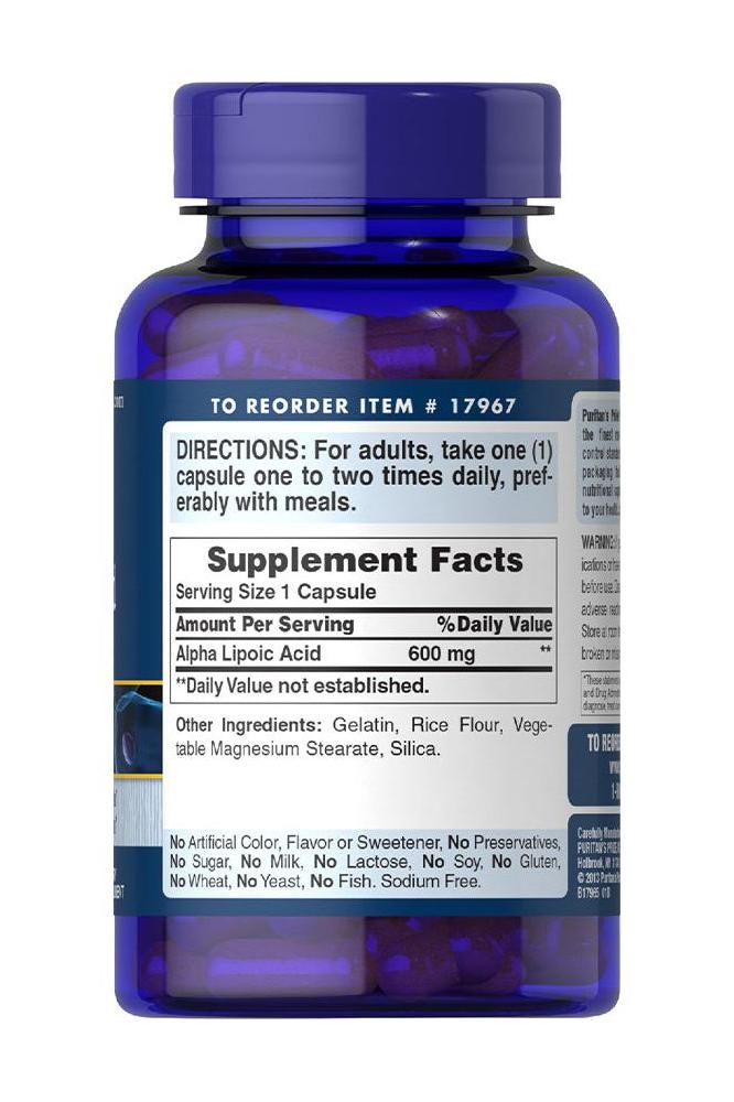 Puritan's Pride Alpha Lipoic Acid 600 mg supplement bottle with serving instructions and nutritional facts.