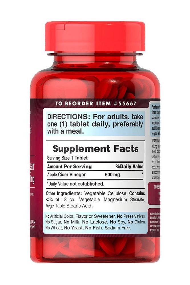 Puritan's Pride Apple Cider Vinegar 600 mg supplement bottle with dosage instructions and ingredient list.