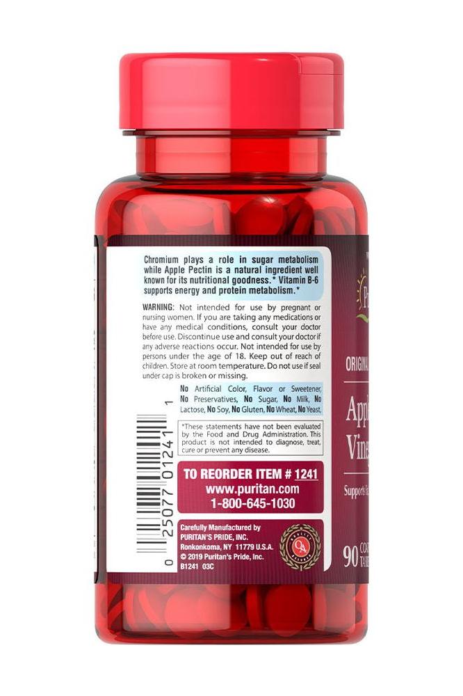 Puritan's Pride Apple Cider Vinegar Tablets bottle with nutritional information, 90 tablets for health and fitness support.