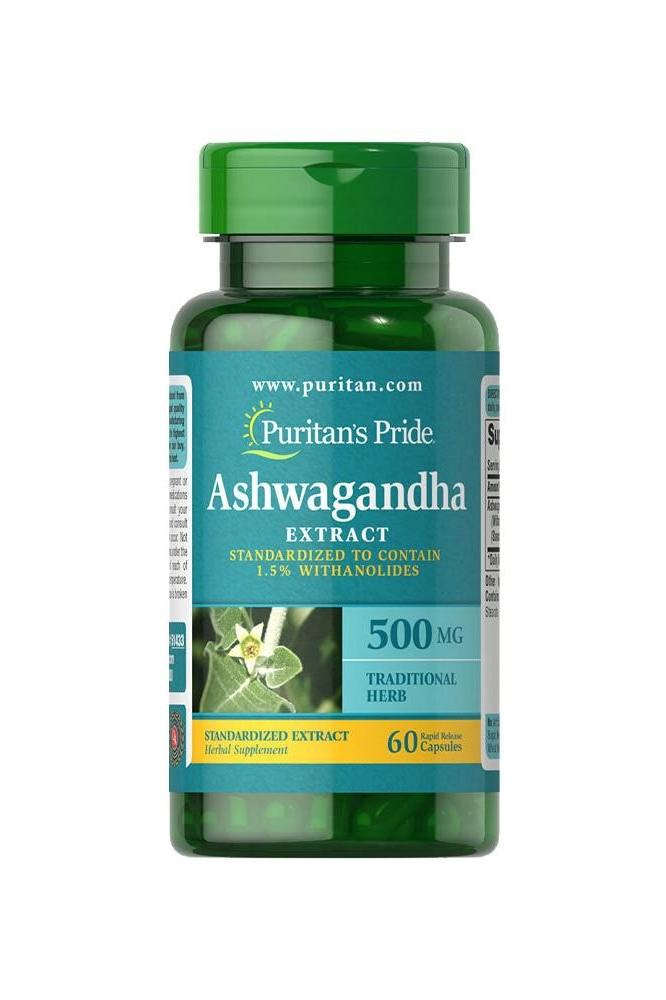 Puritan's Pride Ashwagandha Extract 500 mg, 60 capsules, supports well-being with standardized herbal formula.