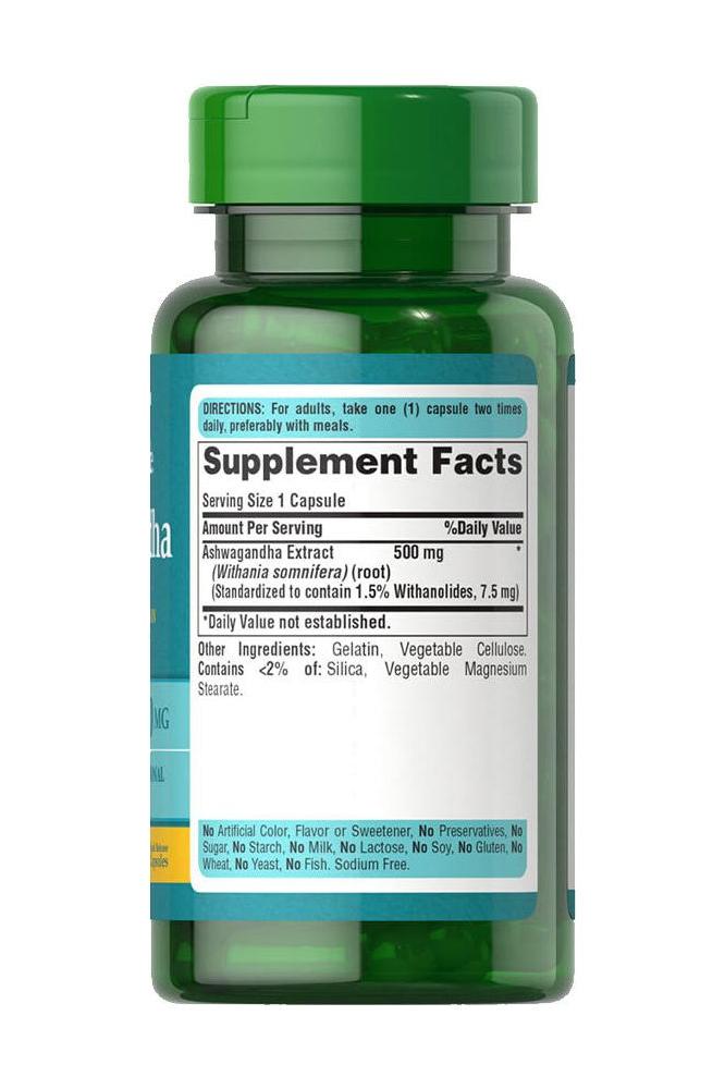 Puritan's Pride Ashwagandha Extract 500 mg supplement bottle with dosage details