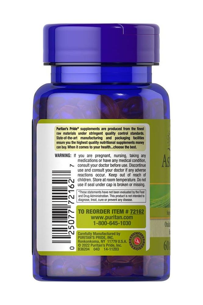 Puritan's Pride Astaxanthin 10 mg supplement bottle with 60 softgels for antioxidant support.