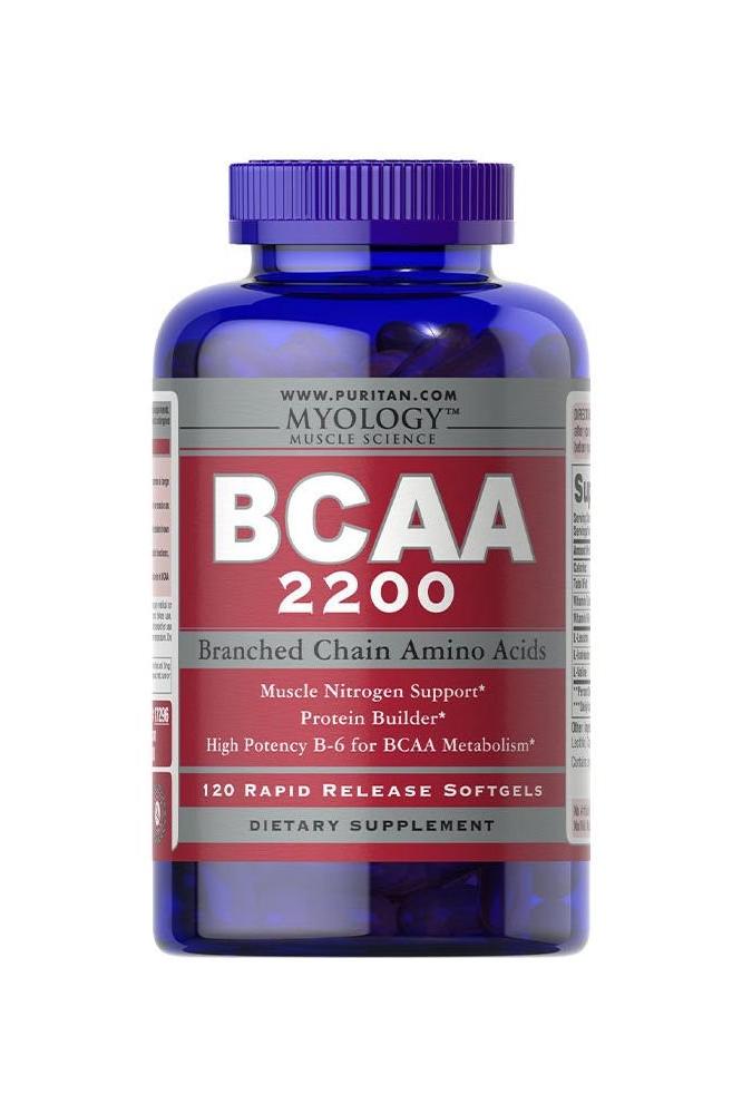 Puritan's Pride BCAA 2200 dietary supplement bottle with 120 rapid release softgels for muscle support.