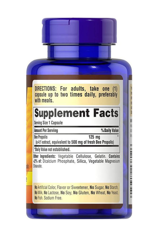 Puritan's Pride Bee Propolis 500 mg supplement bottle, highlighting natural ingredients and nutrition facts.