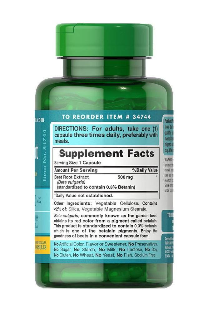 Puritan's Pride Beet Root Extract 500mg capsules bottle with supplement facts label.