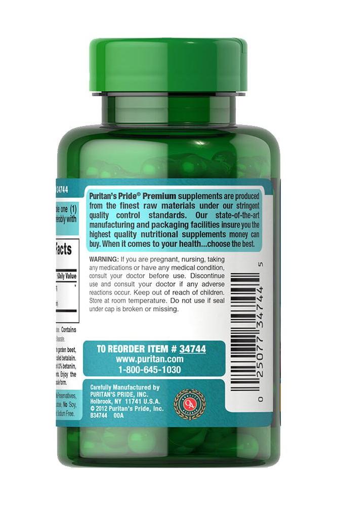 Puritan's Pride Beet Root Extract 500mg supplement bottle back view, detailing ingredients and usage instructions.
