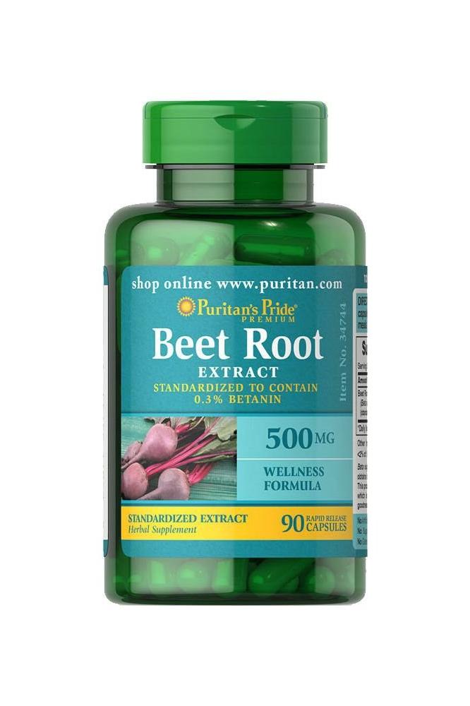 Puritan's Pride Beet Root Extract 500mg in 90 capsules for wellness benefits and 0.3% betanin.