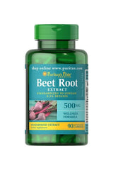 Puritan's Pride Beet Root Extract 500mg in 90 capsules for wellness benefits and 0.3% betanin.