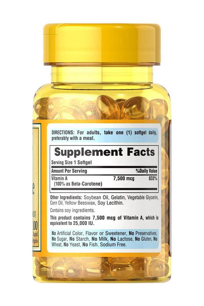 Puritan's Pride Beta-Carotene 25,000 IU supplement bottle with softgels, including nutrition facts and serving details.