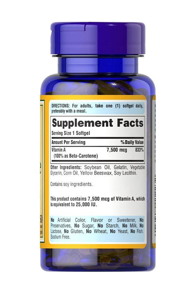 Puritan's Pride Beta-Carotene 25,000 IU softgel bottle with supplement facts label.