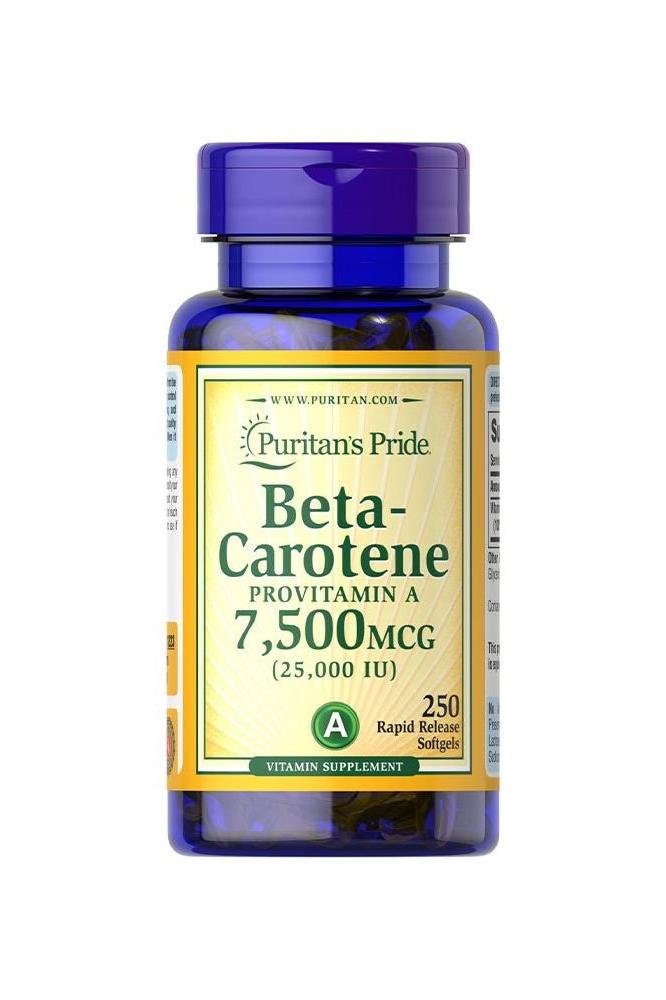 Puritan's Pride Beta-Carotene supplement bottle, 25,000 IU, known for eye health and immune support.