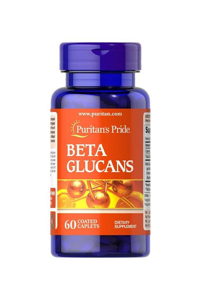 Puritan's Pride Beta Glucans 200 mg in a blue bottle, 60 coated caplets for immune support supplement.