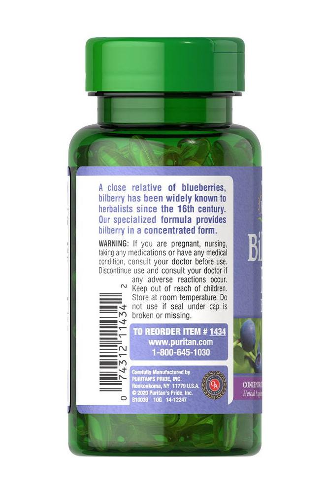 Puritan's Pride Bilberry 1000 mg softgels bottle with antioxidant benefits and warning label.
