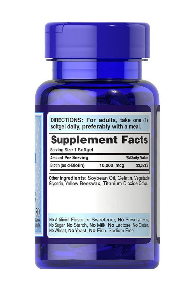 Puritan's Pride Biotin 10,000 mcg supplement bottle with serving facts and directions for healthy hair, skin, and nails.