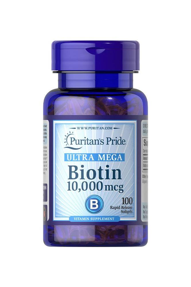 Puritan's Pride Biotin 10,000 mcg vitamin supplement for healthy hair, skin, and nails in a blue bottle.