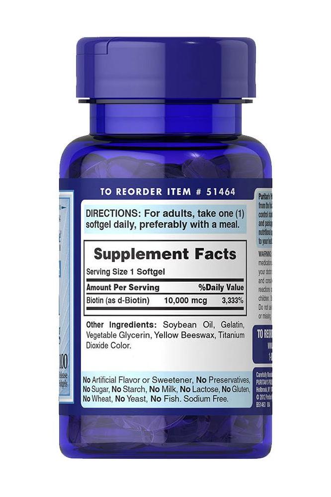 Puritan's Pride Biotin 10,000 mcg supplement facts label showing ingredients and directions for use.