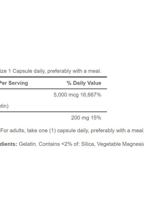 Supplement facts for Puritan's Pride Biotin 5000 mcg, highlighting dosage and ingredients.