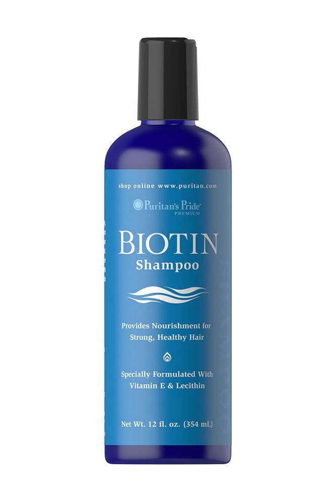 Puritan's Pride Biotin Shampoo 354 ml bottle for strong, healthy hair with vitamin E and lecithin.