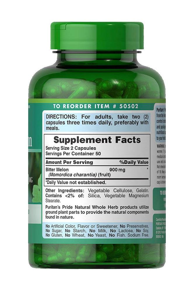 Puritan's Pride Bitter Melon 450 mg capsules bottle with supplement facts and directions for use.