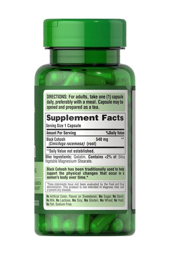 Puritan's Pride Black Cohosh 540 mg dietary supplement bottle for menopausal health support