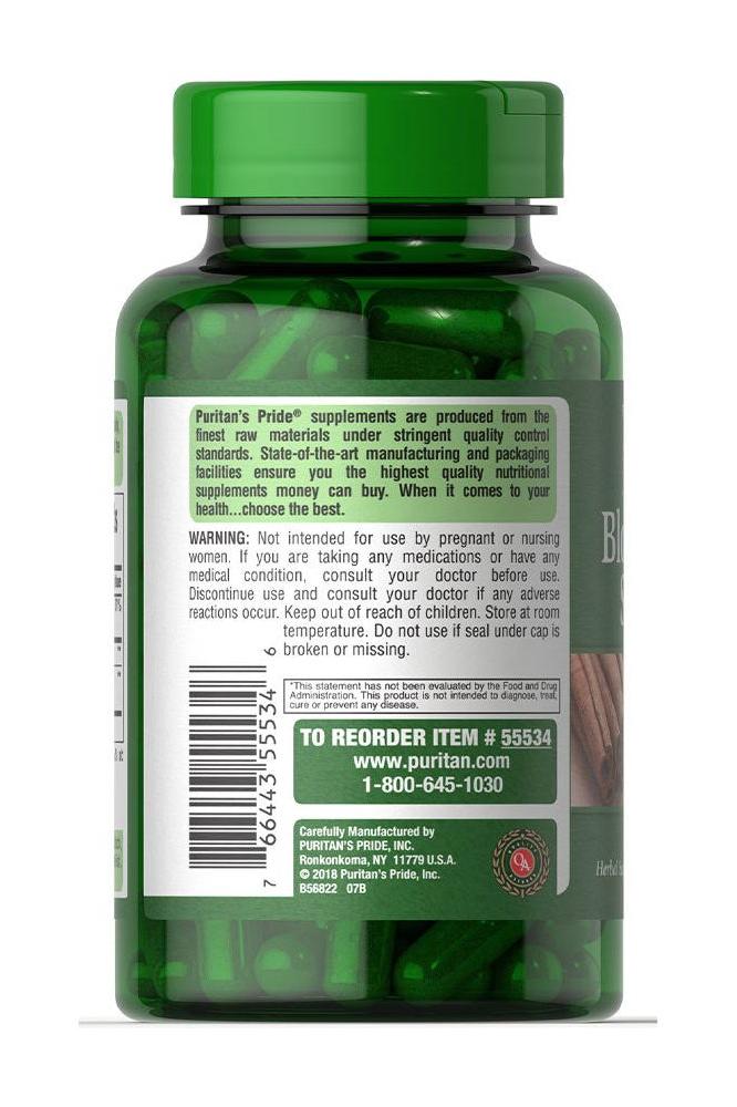 Puritan's Pride Blood Sugar Specifics supplement bottle back with details and warning label.