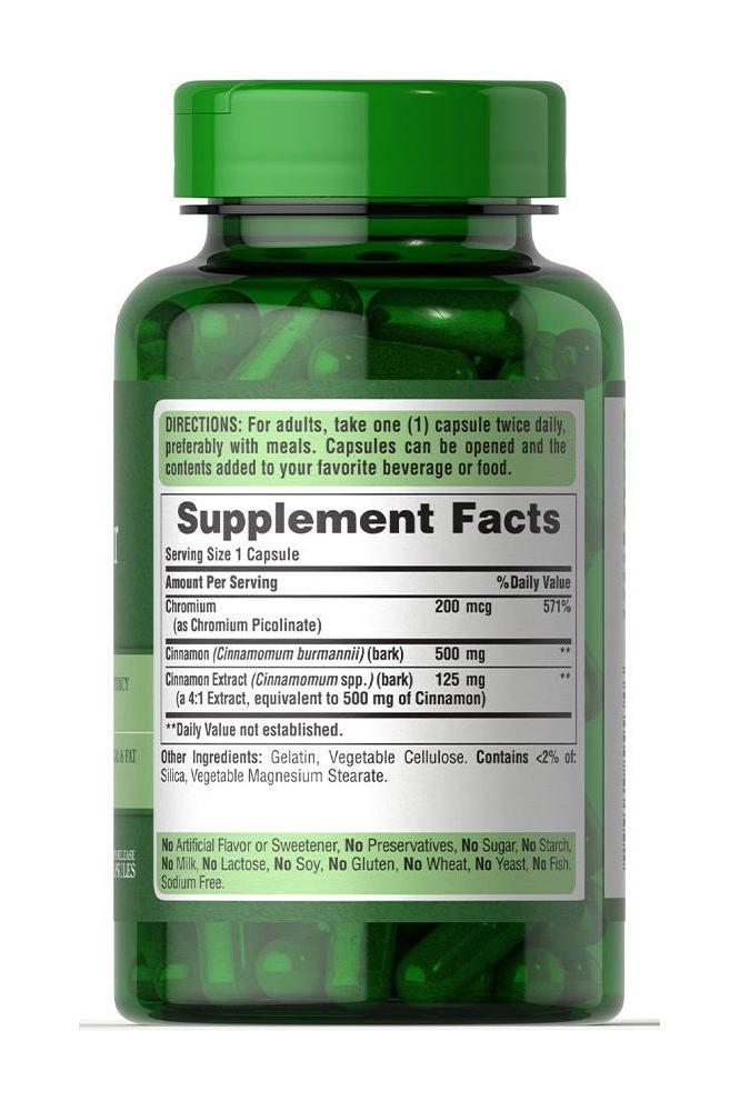 Puritan's Pride Blood Sugar Specifics supplement bottle with cinnamon and chromium, showing supplement facts on label.