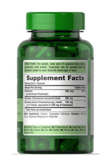 Puritan's Pride Blood Sugar Specifics supplement bottle with cinnamon and chromium, showing supplement facts on label.