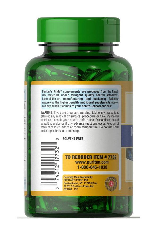 Puritan's Pride Borage Oil 1000 mg softgels bottle back view with nutritional information and contact details.