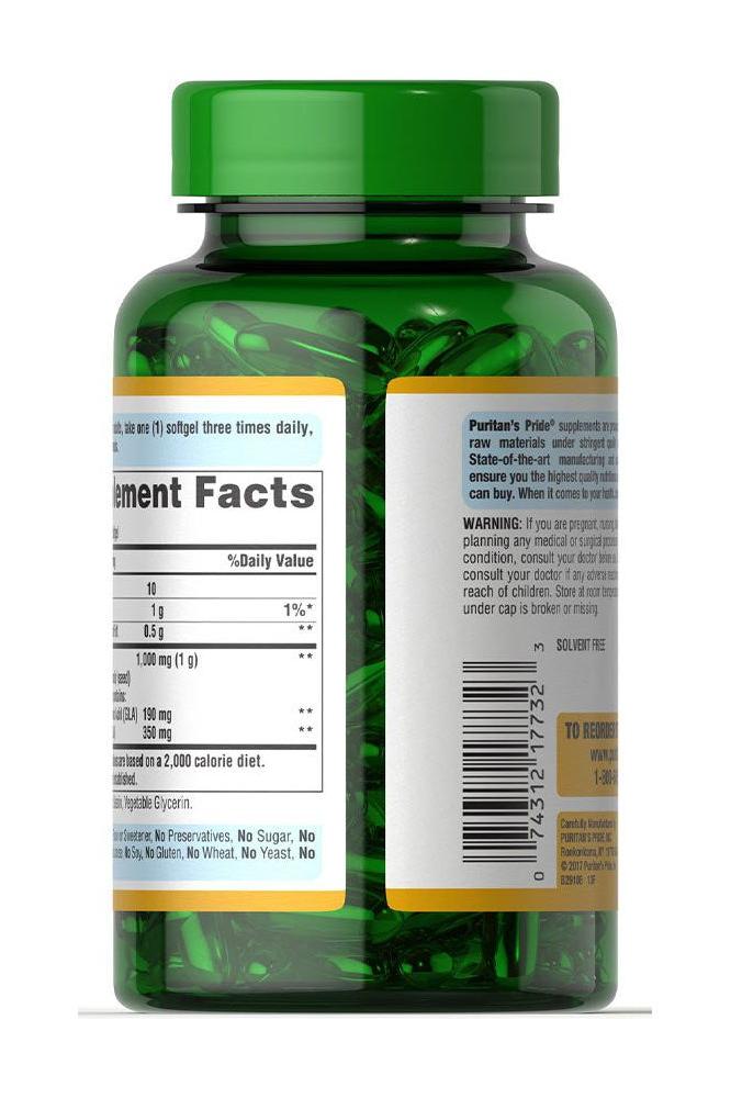 Puritan's Pride Borage Oil softgel bottle with supplement facts label and green cap.
