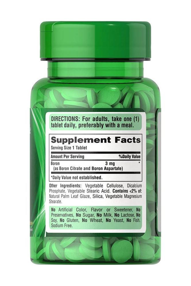 Puritan's Pride Boron 3 mg supplement bottle with label showing dosage and ingredients for bone health.
