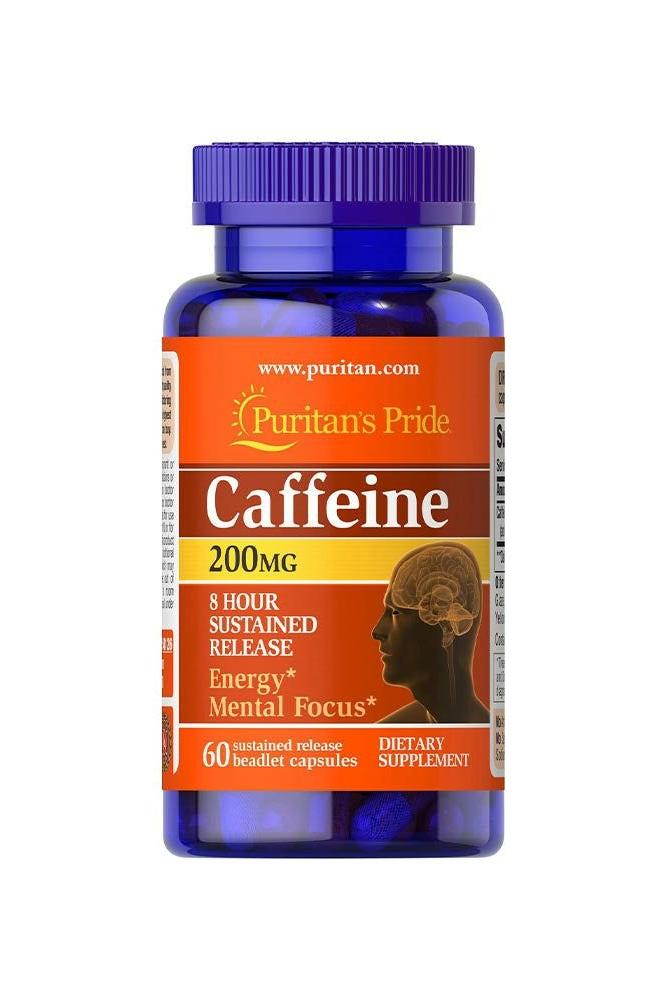 Puritan's Pride Caffeine 200 mg, 60 capsules for energy and mental focus with sustained release.