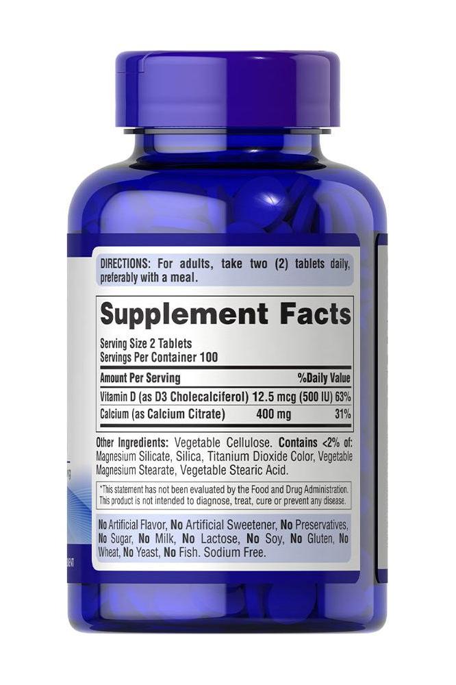 Puritan's Pride Calcium Citrate and Vitamin D3 supplement bottle with dosage information.