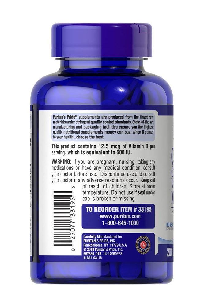 Puritan's Pride Calcium Citrate + Vitamin D3 200 mini coated tablets bottle back label details.
