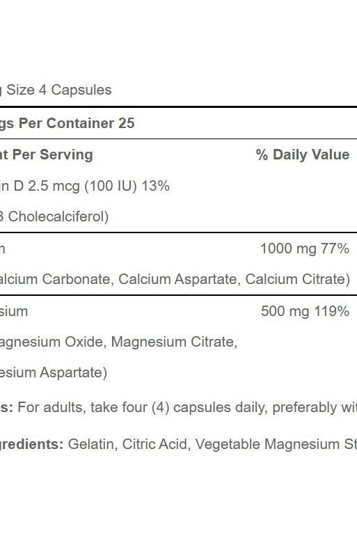 Nutritional information for Puritan's Pride Calcium Magnesium Citrate with Vitamin D, showing serving size and ingredients.