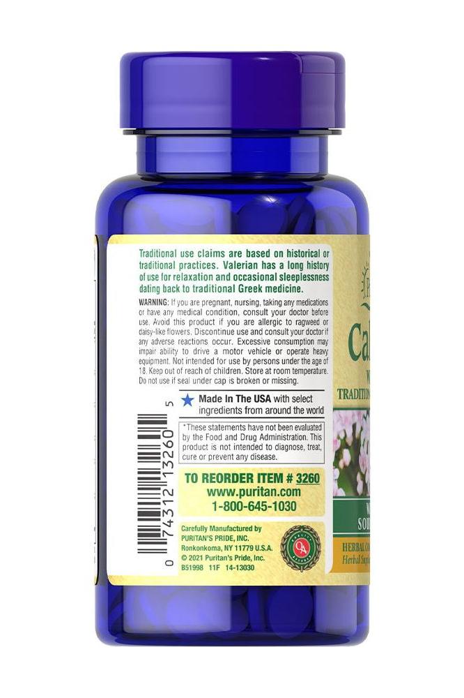 Puritan's Pride Calm Tabs® bottle showing Valerian, Passion Flower, Hops, and Chamomile ingredients.