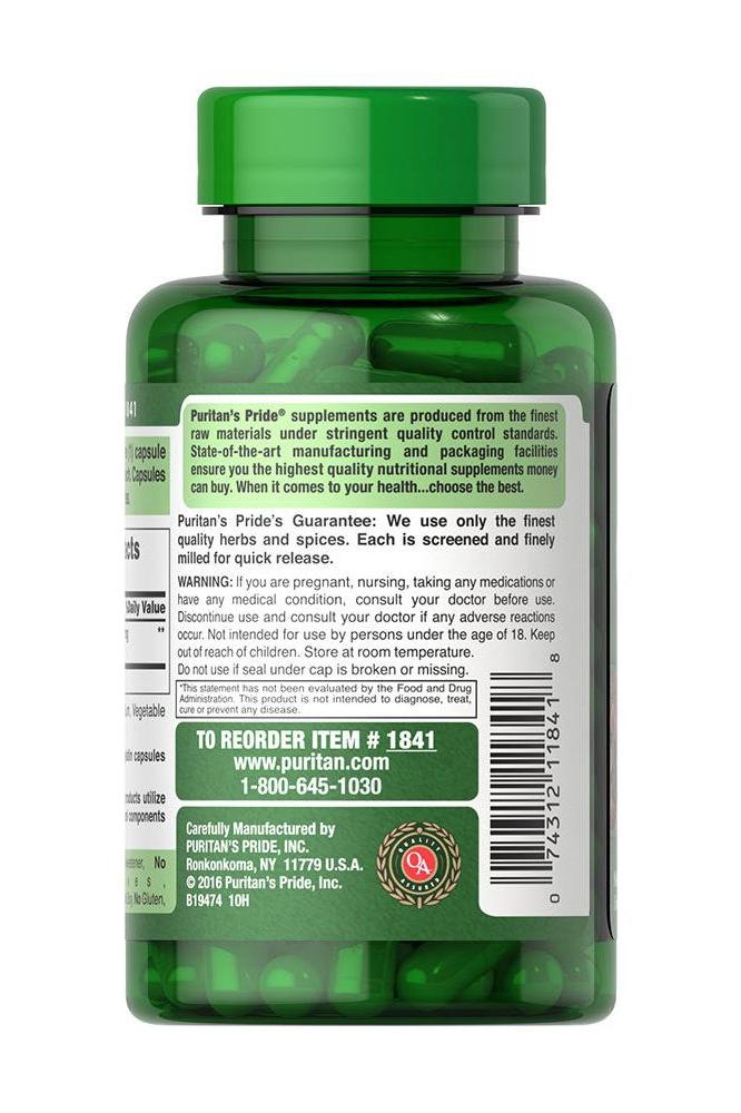 Puritan's Pride Cat's Claw 500 mg supplement bottle, featuring green capsules for immune support and joint health.