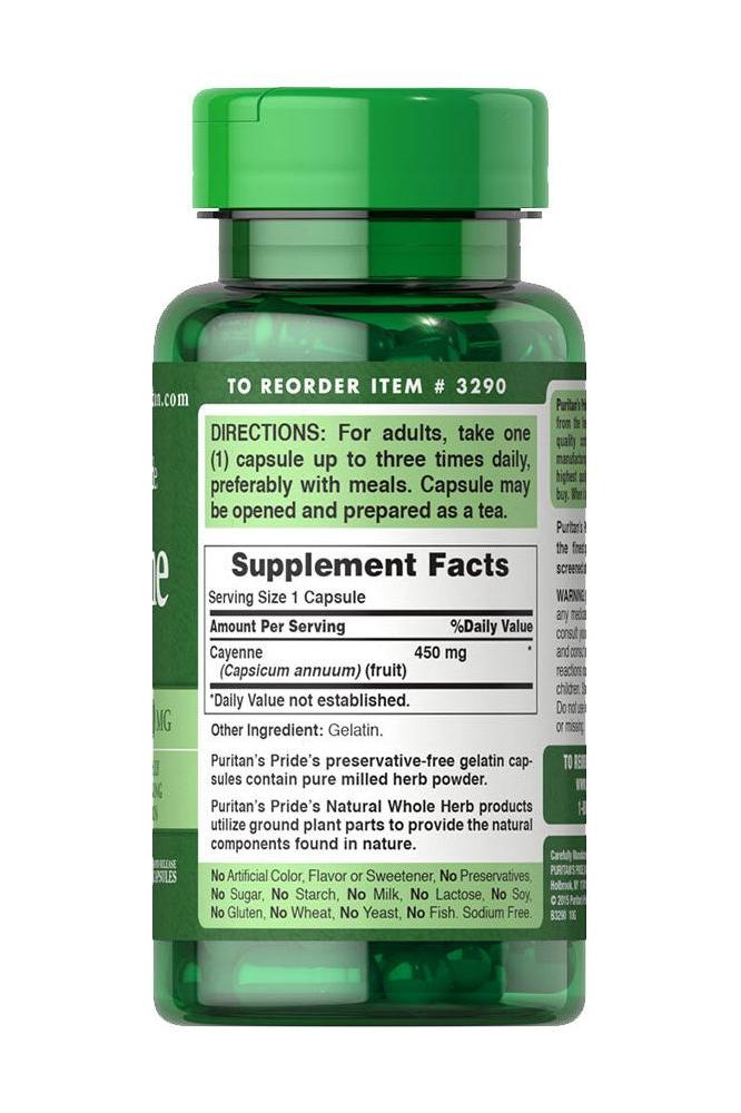 Puritan's Pride Cayenne 450 mg supplement bottle with green cap and supplement facts label.