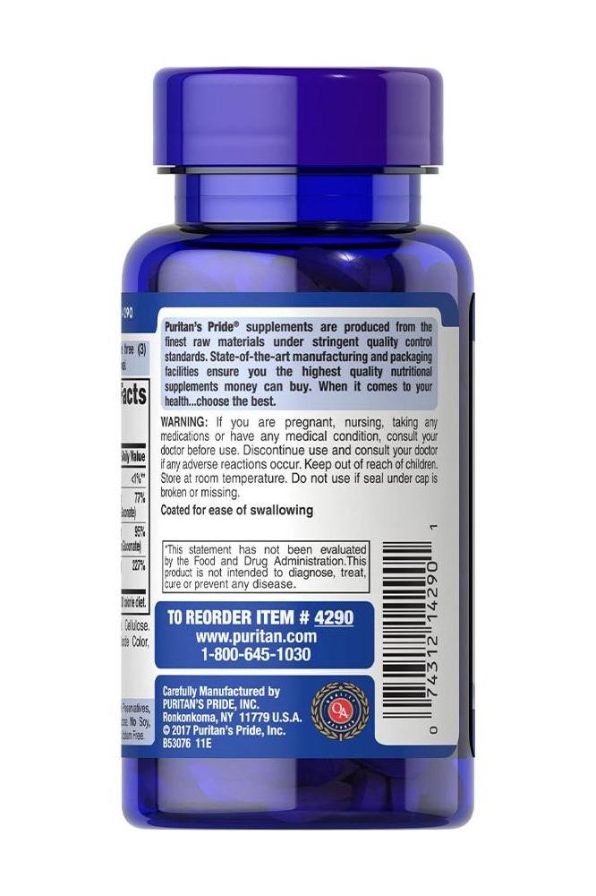 Puritan's Pride Chelated Calcium Magnesium Zinc supplement bottle with usage warnings and product details.