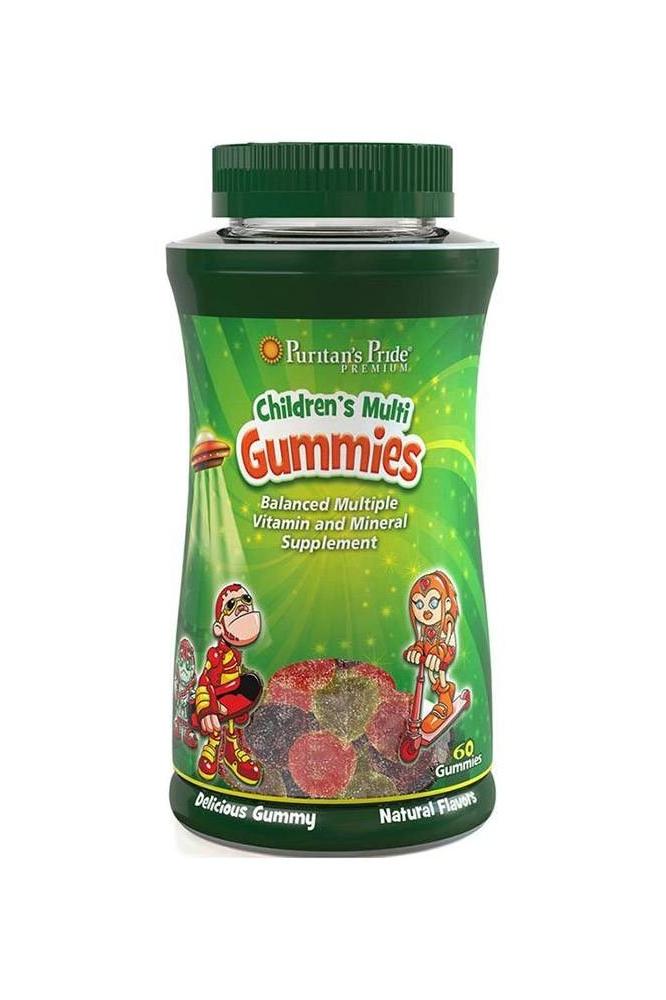 Puritan's Pride Children's Multivitamins Gummies bottle with natural flavors and vitamin benefits.