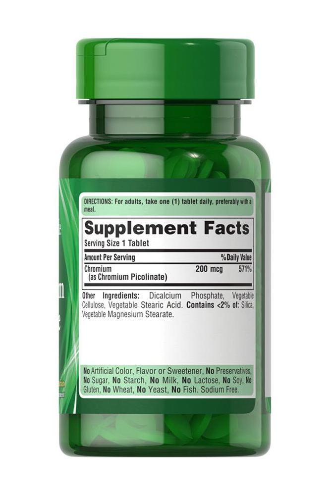 Puritan's Pride Chromium Picolinate 200 mcg supplement facts label on green bottle.