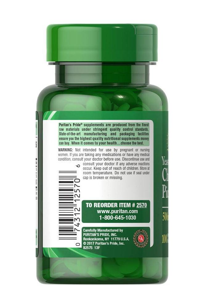 Puritan's Pride Chromium Picolinate 500 mcg supplement bottle, 100 tablets, yeast-free, with usage instructions.