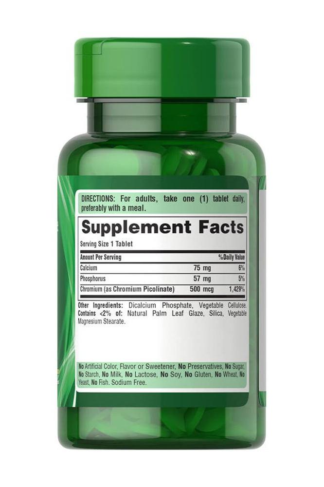 Puritan's Pride Chromium Picolinate 500 mcg Supplement Facts label on green bottle.