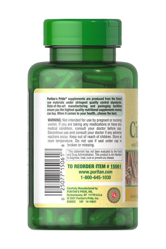 Puritan's Pride Cinnamon Complex capsules bottle for supporting sugar and fat metabolism, 60 capsules.