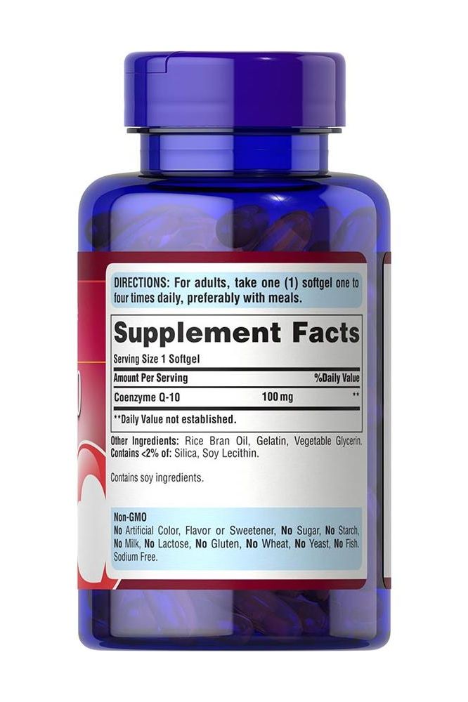 Puritan's Pride Co Q-10 100 mg softgel bottle with supplement facts and directions for use.