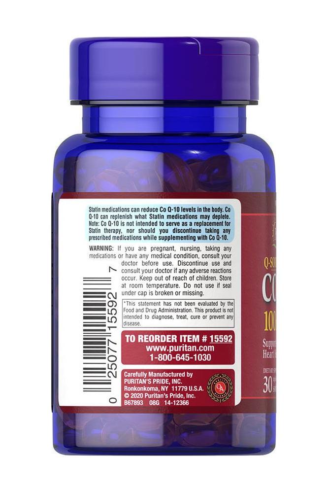 Puritan's Pride CO Q-10 100MG supplement bottle, promotes heart health and energy production.