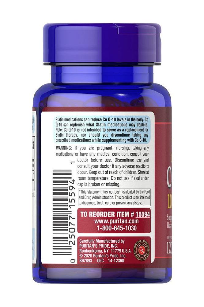 Puritan's Pride CO Q-10 100MG supplement bottle label, highlighting heart health and energy support benefits.